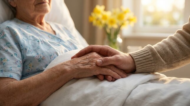 Warm afternoon light fills a hospice room as a grieving adult son places his hand over his mother's hand, representing Mother's Day emotion