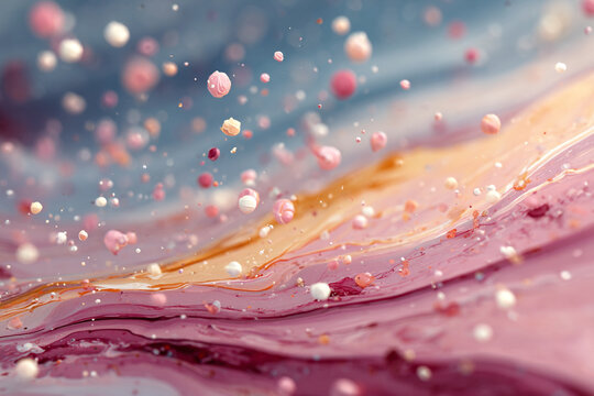 Abstract pastel paint texture background with pink and gold mixing strokes. Fluid art liquid splash patterns with bokeh bubbles and glitter. Macro beauty backdrop.