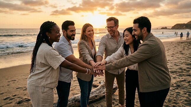 Diverse group of friends uniting hands on beach at sunset, teamwork, friendship, unity