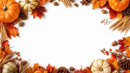 Fototapeta premium Autumn harvest frame with pumpkins and fall leaves on white background for Thanksgiving