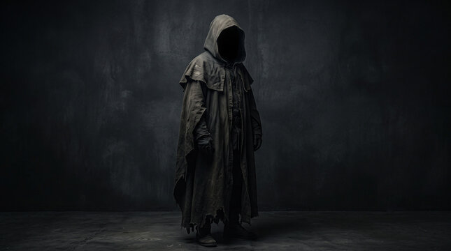 Faceless hooded figure wearing a dark weathered cloak, empty black void inside the hood with no visible facial features, isolated against a charcoal studio background, Halloween horror, mysterious str