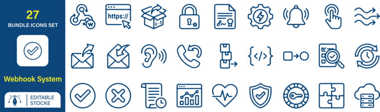Webhook System Vector Outline Icons Set &ndash; API Integration, Event Automation, Data Transfer, Notifications, Web Services, Connectivity and Developer Technology Line Symbols Collection