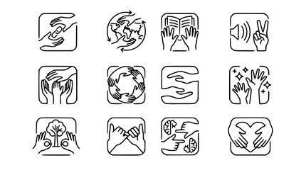 Fototapeta premium Set of 12 Icons: Hands, Charity, Community, Ideas, Global, Peace, Learning
