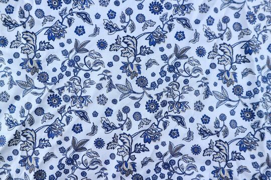 Blue Floral Seamless Pattern Fabric Texture Background with Vintage Paisley Flower Elements