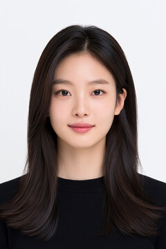 Studio Portrait Of Woman In Black Top With Long Straight Black Hair