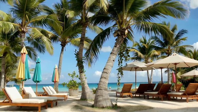 Sunny defocused 4K ultra-high-definition tropical resort background with palm trees lounge chairs and parasols creating a warm vacation mood ideal for summery travel and leisure-themed media the