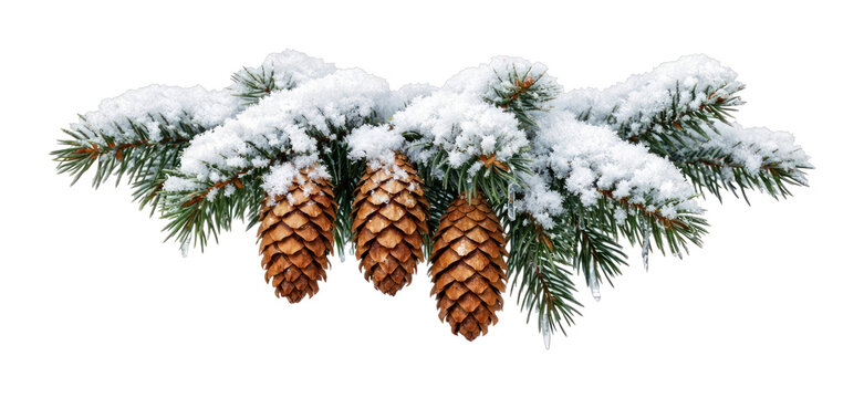 PNG Snow covered pine branch with hanging cones on transparent background