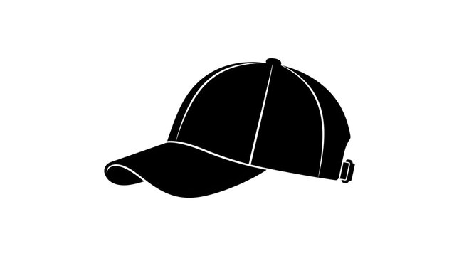 A clean black and white silhouette vector illustration of a classic baseball cap viewed from a front-side angle, isolated on a white background.