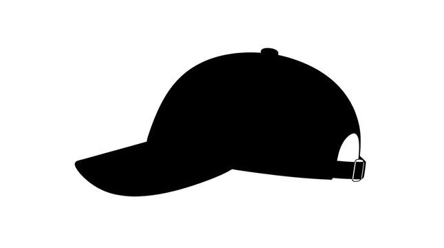 Minimalist black silhouette vector illustration showing the side profile of a standard baseball cap with an adjustable strap, isolated on white.