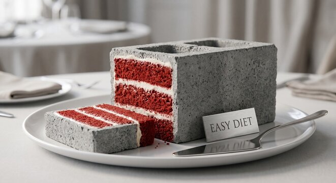 Concrete cinderblock sliced open to reveal red velvet cake and white frosting on an elegant restaurant plate with &ldquo;EASY DIET&rdquo; sign