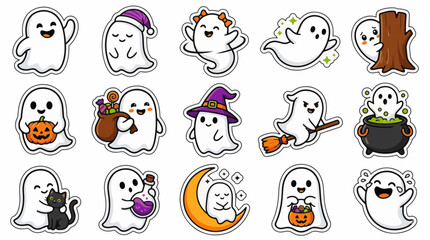 Fototapeta premium Cute Halloween Ghost Characters with Pumpkin Bag and Cauldron Sticker Set