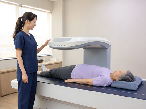 Older Asian woman undergoing DEXA bone density scan for osteoporosis screening