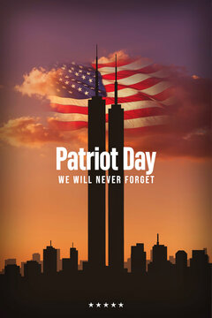911, patriot day september 11 memorial poster with twin towers and us flag silhouette