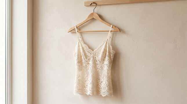 elegant ivory lace camisole hanging on a wooden hanger against a neutral wall