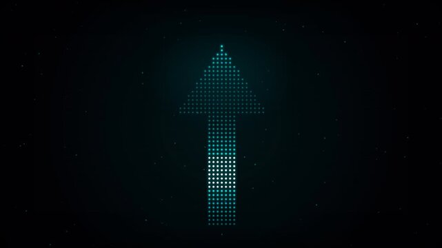 Glowing blue digital pixel arrow pointing upward on dark background, concept for business growth, financial success and technology progress