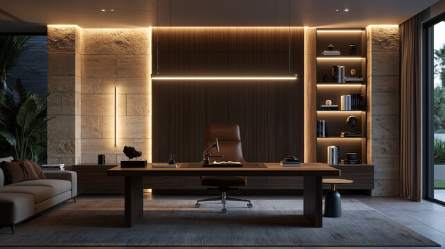 Modern Luxury Executive Office Interior with Wooden Desk