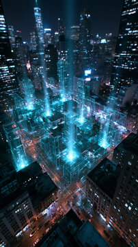 Smart City Digital Twin Wireframe Network at Night