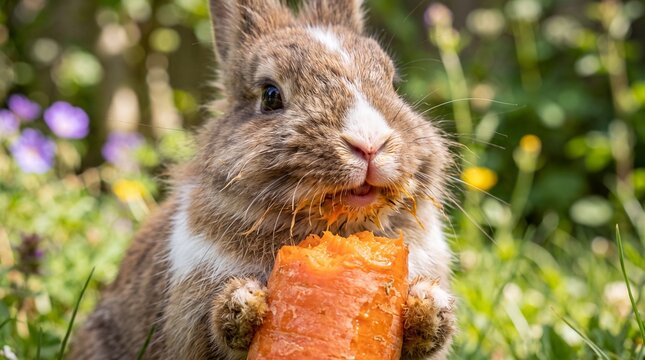 Cute Rabbit Eating Fresh Carrot on Green Grass