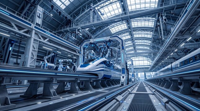 Futuristic High Speed Train in Automated Manufacturing Facility