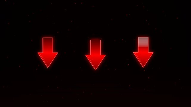 Glowing red downward arrows pulsing on dark background with subtle particles, concept for financial decline, market crash and negative growth