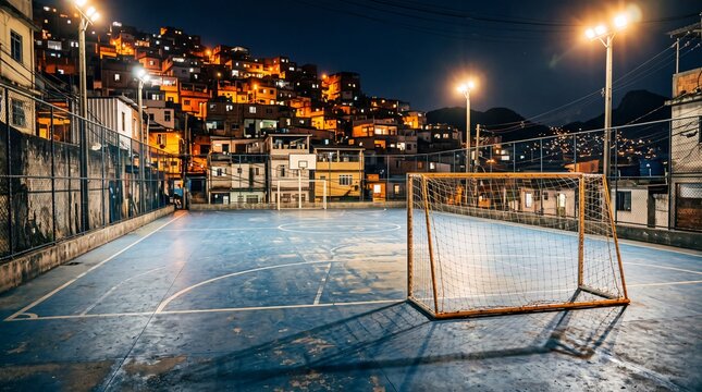 Empty Soccer Court at Night in Favela Neighborhood
