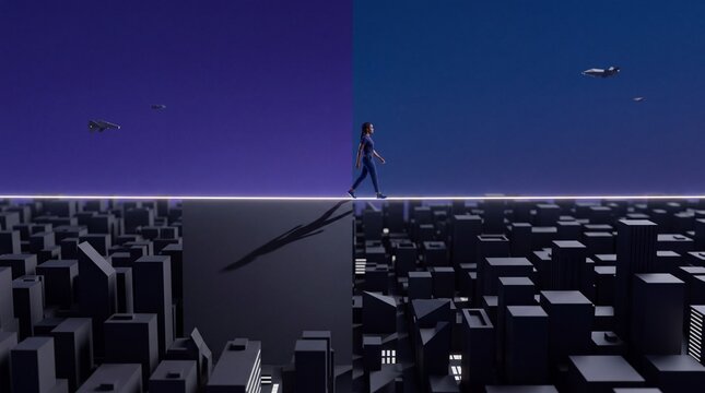 Woman Walking on Glowing Tightrope Above Futuristic City Skyline