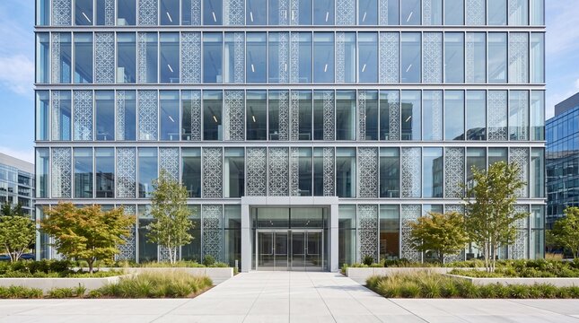 Modern Corporate Office Building Glass Facade and Entrance