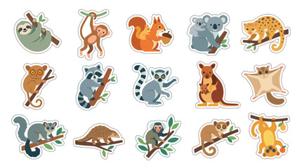 Fototapeta premium Cute Cartoon Forest Animals Sticker Pack - Sloth, Monkey, Squirrel, Koala, Kangaroo