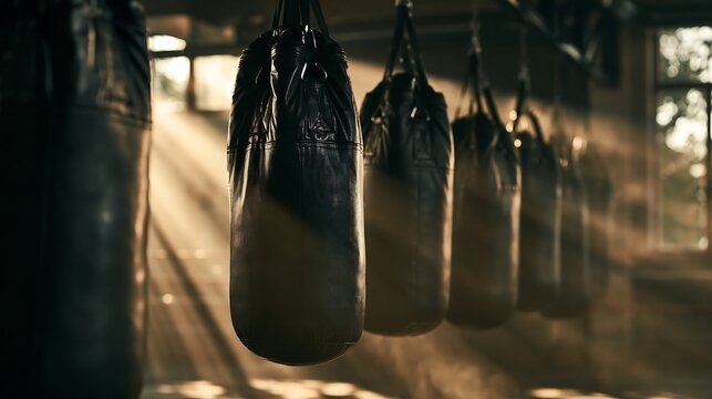 Black leather boxing bag isolated on transparent background. Ideal for intense athletic training and fitness gym lifestyle marketing campaigns.
