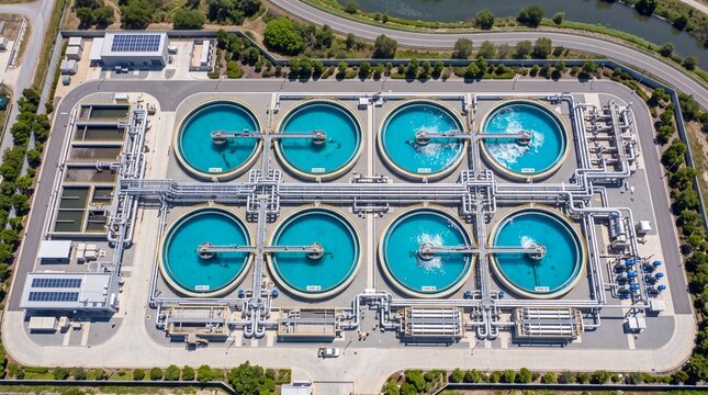 Aerial View of Modern Wastewater Treatment Facility Tanks