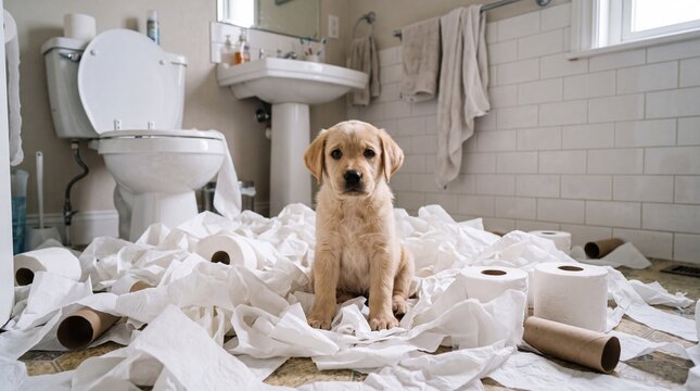 Cute Labrador Puppy with Unrolled Toilet Paper in Bathroom