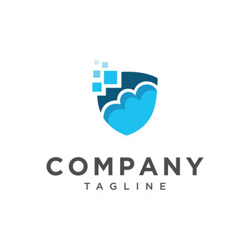A modern logo design featuring a shield shape integrated with cloud elements, utilizing a geometric art style. Suitable for tech and cloud service branding.