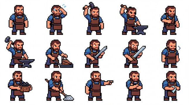Blacksmiths Set with Various Poses and Tools, Demonstrating Crafting and Forging Actions in a Pixel Art Style.