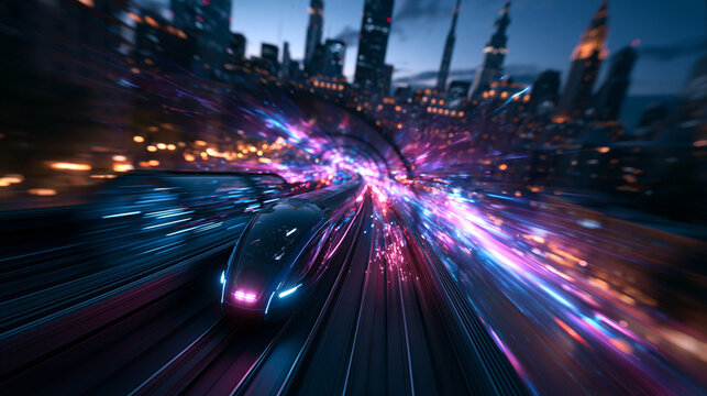 Futuristic High Speed Train Moving Fast Through City at Night