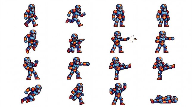 Robots in Various Action Poses, a Pixel Art Animation Sequence Demonstrating Movement and Combat Actions. Retro Gaming Style Character Design.
