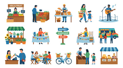 Fototapeta premium Flat Style Vector Illustrations of Farmers Market Stalls and Activities