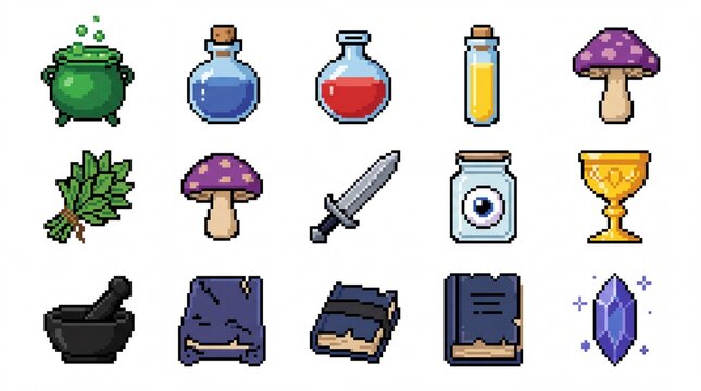 Potion Bottles and Magical Items Set with a Whimsical Pixel Art Style. Fantasy Game Elements, Including a Cauldron, Herbs, and Spellbooks.