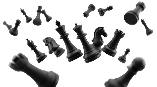 Floating black chess pieces isolated on a transparent background
