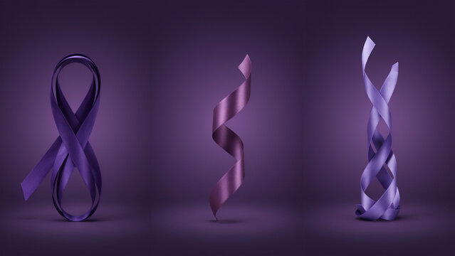Three decorative purple ribbons twisted into abstract shapes on dark background