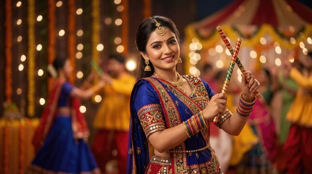 Indian woman dancing during navaratri celebration, holding dandiya sticks, wearing traditional chaniya choli dress, enjoying garba festival, glowing bokeh background.
