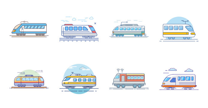 Colorful train station platforms illustration - Bright vector illustration of various train stations with people and luggage, perfect for travel or transit designs.