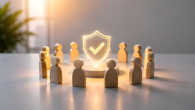 Wooden figures surrounding a glowing shield icon with a checkmark symbol, representing insurance, data protection, security, and communal safety in a minimalist modern office setting.