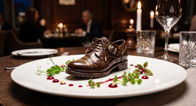 Hyperrealistic miniature vintage galosh shoe sculpted from dark chocolate with gold leaf on an elegant fine-dining plate