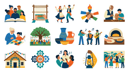 Fototapeta premium Flat Vector Illustration of Cultural Heritage and Traditions: Arts, Crafts, Music, Food