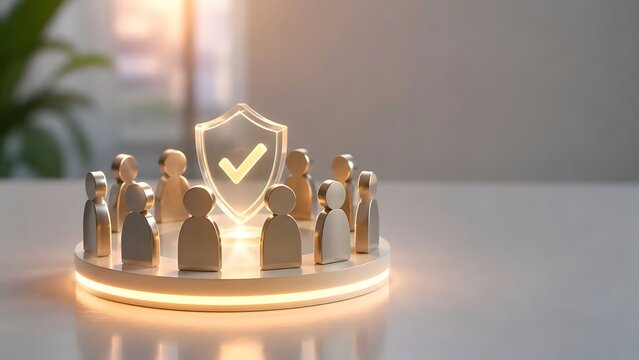 3D render of human figures in a circle around a glowing shield with a checkmark, representing group security, insurance protection, and data privacy concept.