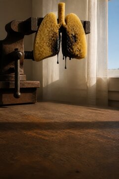 Crushed lungs in a vise symbolize stress and suffocation