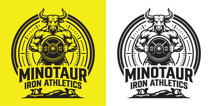 Minotaur Iron Athletics Gym Logo Vector Illustration with Muscular Bull and Barbell