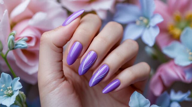Themed spring manicure in bright pastel violet colors with holiday flower patterns AI Generative