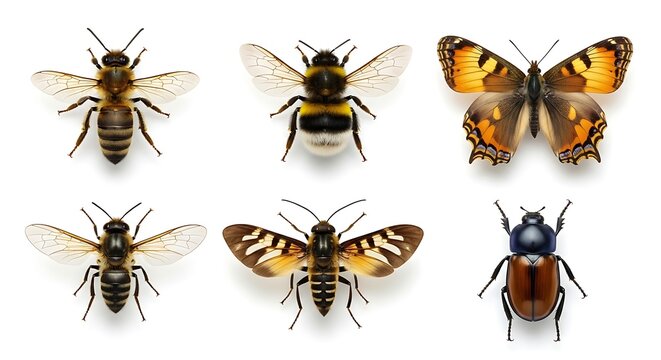 Realistic insect collection with various bees, a butterfly, and a beetle isolated on a plain white background