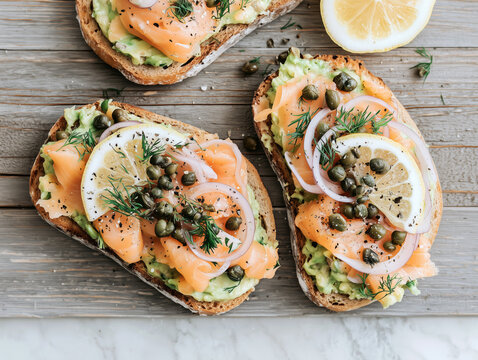 avocado toast with smoked salmon, red onion, capers, fresh dill, and lemon